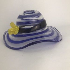 Hand Blown Art Glass Hat Bowl Blue Swirls Yellow Flower 7" Candy Dish